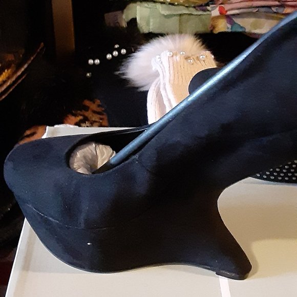 LA STRADA MYSTIQUE WEDGE PLATFORM SHOES GAGA STYLE BLACK SUEDE EURO HOLLAND - Picture 4 of 5